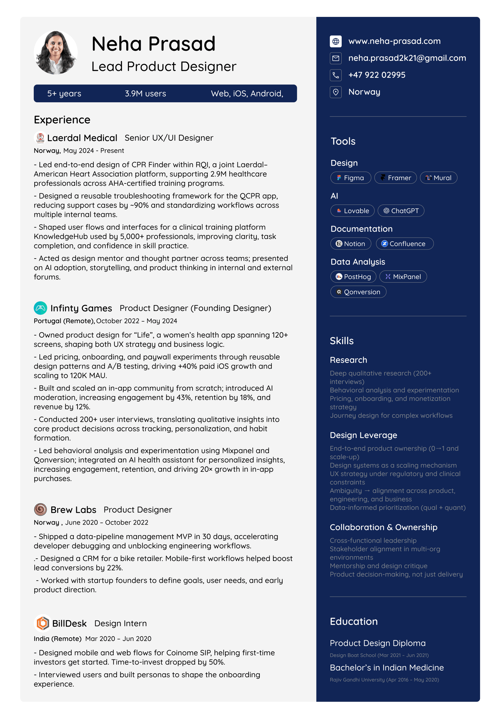 Neha Prasad — Lead Product Designer. Click 'Download CV' for the full PDF.